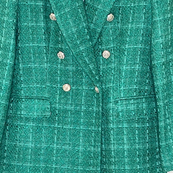 ZARA Green Tweed Textured Double Breasted Blazer Small - Picture 2 of 7